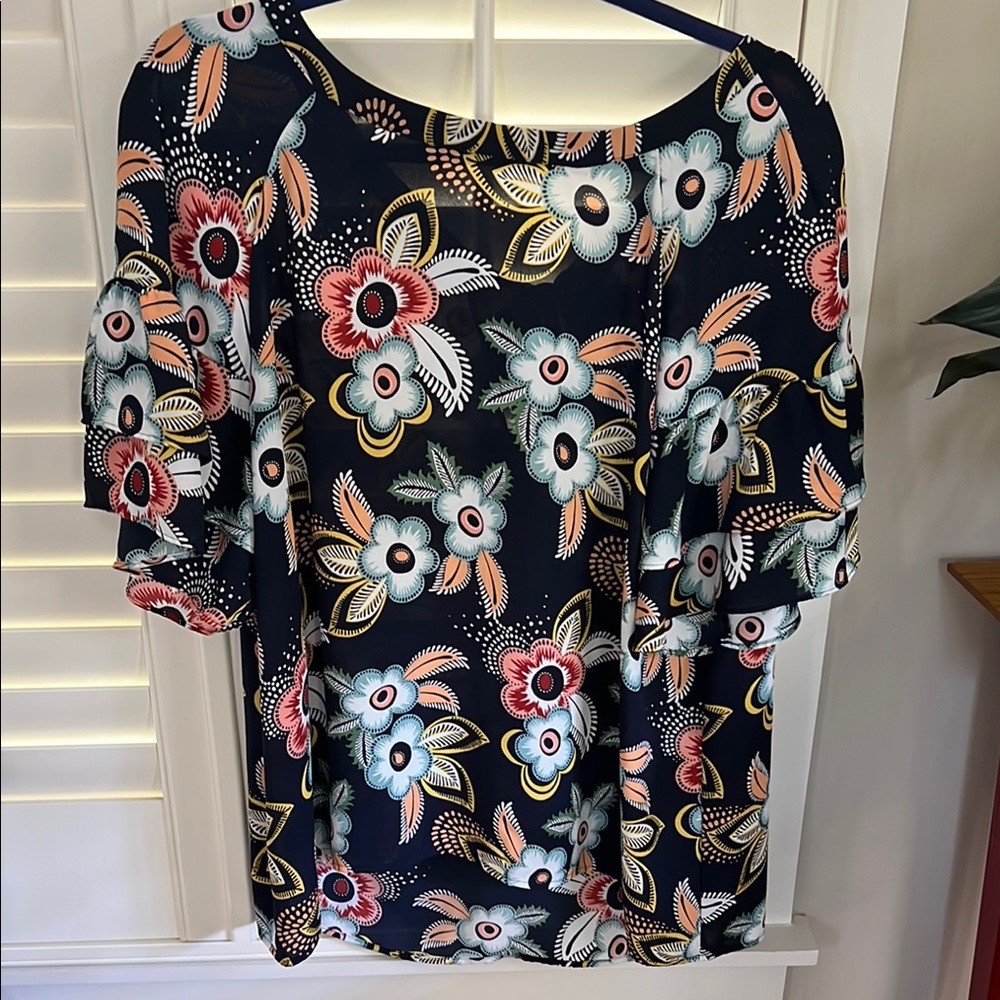 LOFT White and Blue Blouse with short flutter sleeves